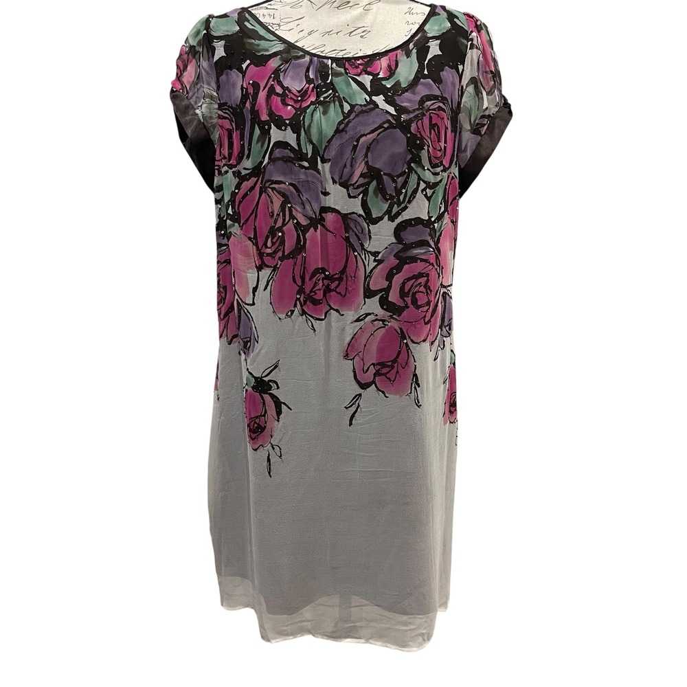 Signature By Robbie Bee Silk Dress Womens 14 Pink Floral Sequin Shift Watercolor